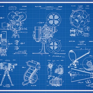 Peut inclure: Une illustration de style plan de plusieurs brevets de cam&eacute;ras et de projecteurs de film vintage. Les brevets datent du d&eacute;but des ann&eacute;es 1900 et montrent les diff&eacute;rentes conceptions de l'&eacute;poque. Les dessins sont en noir et blanc sur fond bleu.