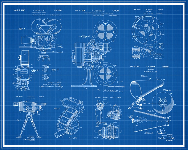 Peut inclure: Une illustration de style plan de plusieurs brevets de cam&eacute;ras et de projecteurs de film vintage. Les brevets datent du d&eacute;but des ann&eacute;es 1900 et montrent les diff&eacute;rentes conceptions de l'&eacute;poque. Les dessins sont en noir et blanc sur fond bleu.