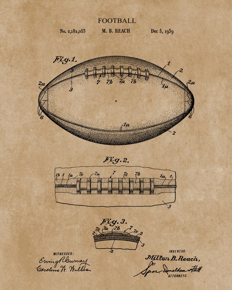 May include: A black and white line drawing of a football design patent. The patent is titled "Football" and is for M. B. Reach. The patent number is 2,182,053 and the date is December 5, 1939. The drawing shows three different views of the football.