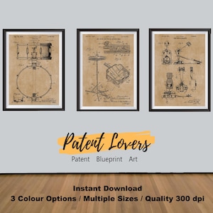 Drum Art Patent Posters Group of 3, Drum Set Drummer Gift, Snare Drum, Cymbal, Drum Beat, Music Room, Boys Room Decor, Music Wall Art Set
