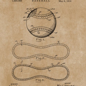 Pu&ograve; includere: Illustrazione di brevetto di baseball vintage su carta invecchiata. Il diagramma mostra una palla da baseball con dettagli di cucitura e contorni dei pannelli. Il testo include "J.E. Maynard Baseball" e la data "8 maggio 1918".