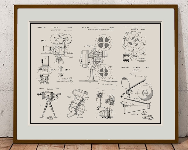Peut inclure: Dessin de brevet en noir et blanc d'un projecteur et d'une cam&eacute;ra de film. Le dessin comprend plusieurs diagrammes et d&eacute;tails de l'invention. Le num&eacute;ro de brevet est 2,173,686 et la date est le 11 ao&ucirc;t 1939.