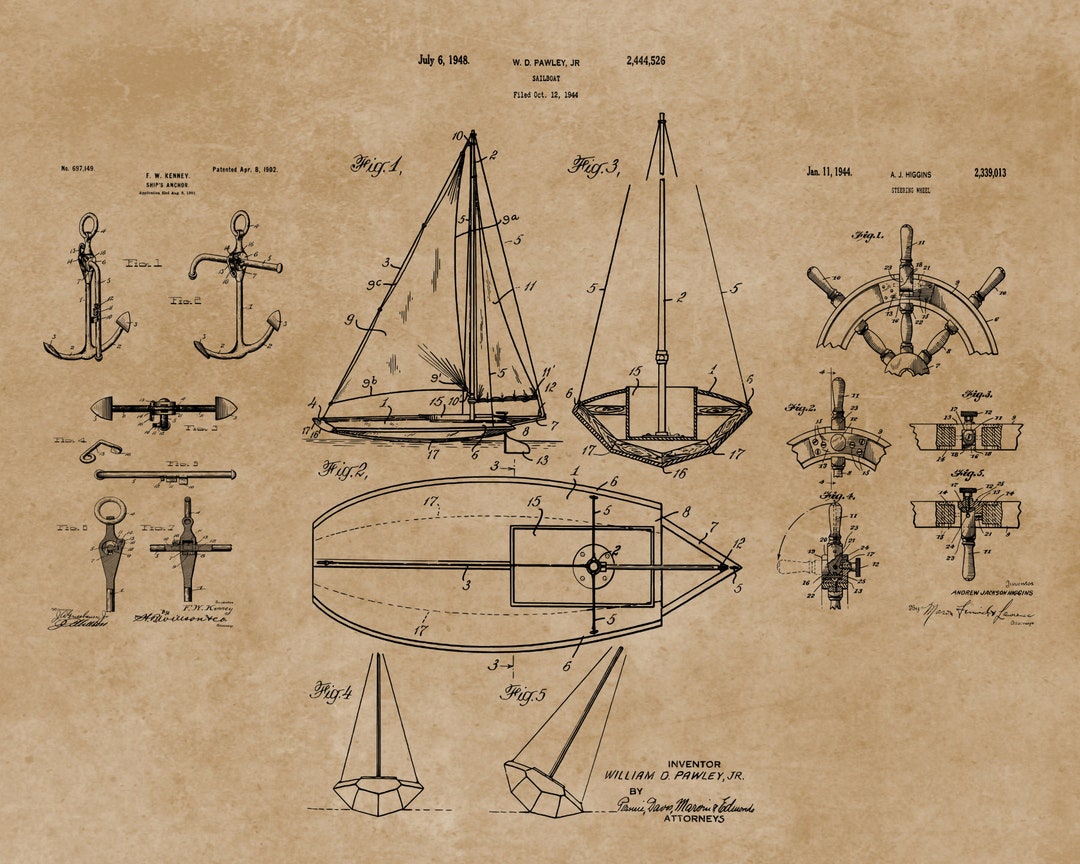 Sailboat Art, Downloadable Prints, Sailboat Blueprint Poster, Patent ...