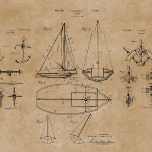 Sailboat Art, Downloadable Prints, Sailboat Blueprint Poster, Patent Print, Sailing Art, Boat Anchor, Ship Steering, Beach House Decor