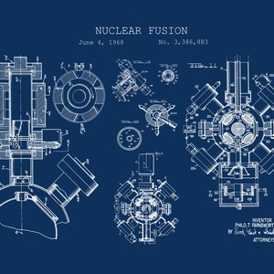 Peut inclure: Un plan d'un dispositif de fusion nucléaire, numéro de brevet 3 386 883, daté du 4 juin 1968. Le plan montre un diagramme détaillé du dispositif, y compris ses composants et leur disposition. L'inventeur est Philo T. Farnsworth.