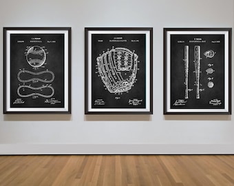 Impresión de béisbol, conjunto de 3 impresiones de patentes, póster deportivo, regalo para fanáticos del béisbol, arte de béisbol vintage, imprimible descargable, murciélago, guante, pelota