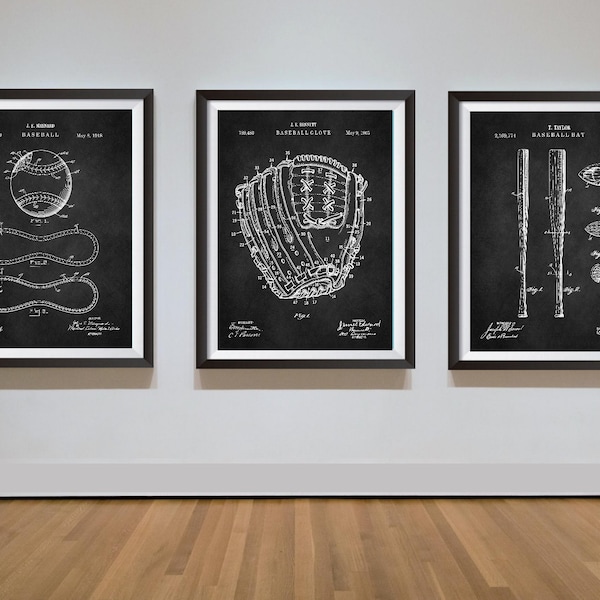 Baseball Print, Set of 3 Patent Prints, Sports Poster, Baseball Fan Gift, Vintage Baseball Art, Downloadable Printable, Bat, Glove, Ball