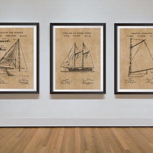 Sailboat Art Set of 3 Vintage Patent Prints, Sailing Ship Rigging, Captain Gift, Sailing Blueprint Poster, Downloadable Prints, Tall Ship