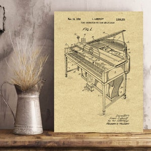 May include: A vintage black and white line drawing of a piano patent. The patent is titled "Piano Construction for Sound Amplification" and was filed on November 14, 1950, by Louis Luberoff. The patent number is 2,530,251.