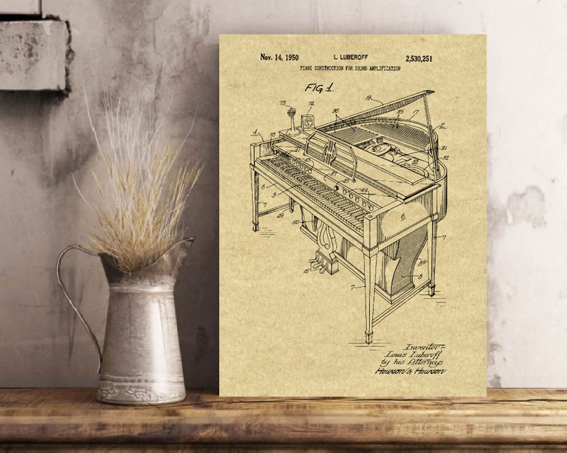 May include: A vintage black and white line drawing of a piano patent. The patent is titled "Piano Construction for Sound Amplification" and was filed on November 14, 1950, by Louis Luberoff. The patent number is 2,530,251.