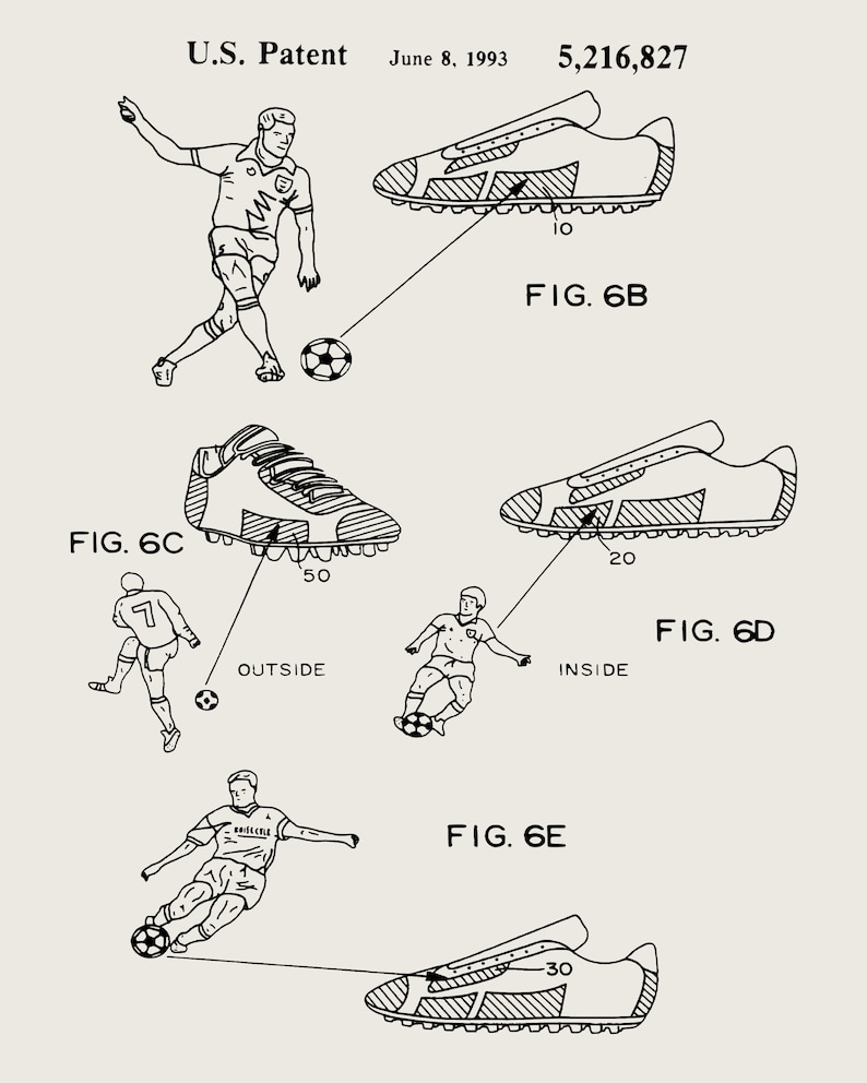 May include: A black and white line drawing of a football boot with a detailed view of the sole. The boot is labelled "FIG. 6B" and has the number "10" on the side. The drawing is part of a patent for a football boot.