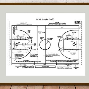May include: A black and white diagram of an NCAA regulation basketball court with dimensions and markings labeled. The court is 94 feet long and 50 feet wide. The center circle is 12 feet in diameter. The three-point line is 19 feet 9 inches from the center of the basket. The free throw line is 15 feet from the center of the basket.