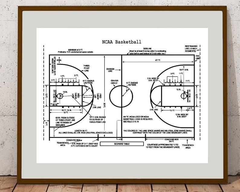 May include: A black and white diagram of an NCAA regulation basketball court with dimensions and markings labeled. The court is 94 feet long and 50 feet wide. The center circle is 12 feet in diameter. The three-point line is 19 feet 9 inches from the center of the basket. The free throw line is 15 feet from the center of the basket.