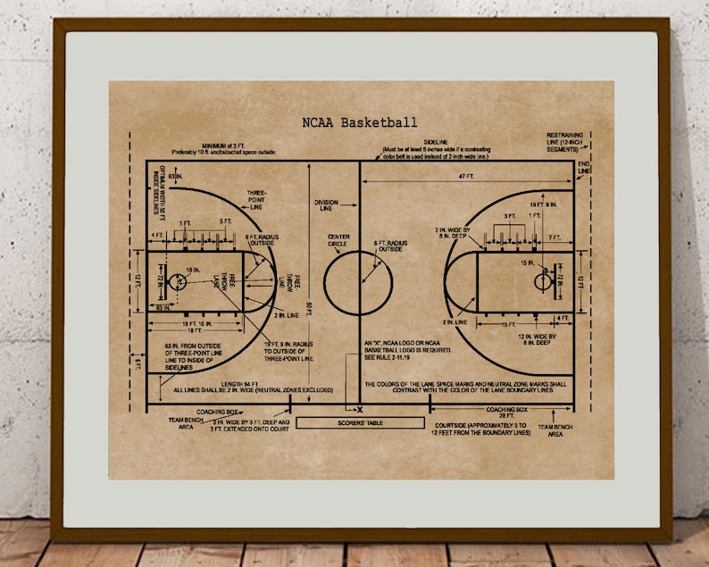 May include: A vintage style diagram of an NCAA regulation basketball court with dimensions and markings labeled in black and white. The court is drawn on a brown paper background.