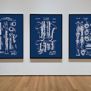 Set of 3 Clarinet Downloadable Patent Prints, Blueprint Poster, Music Wind Instrument, Music Student Gift, Music Room Decor, Clarinet Art