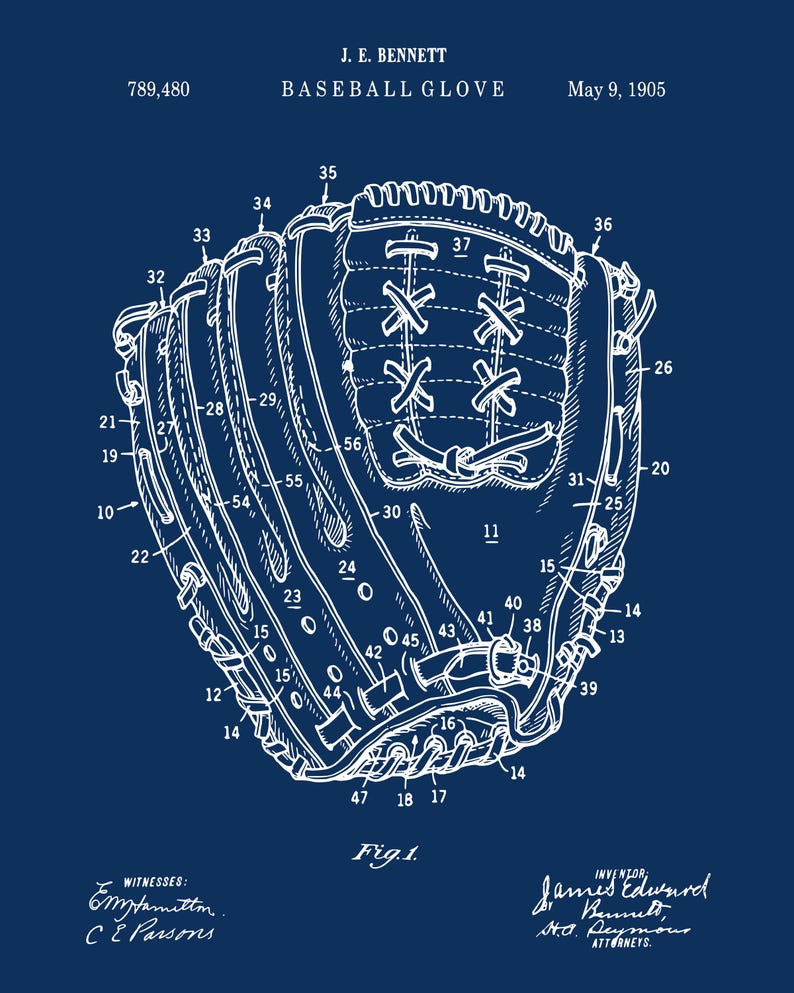 Pu&ograve; includere: Illustrazione di brevetto di guanto da baseball vintage in bianco su sfondo blu scuro. Il diagramma include etichette dettagliate e la data 9 maggio 1905. Il testo "J. E. Bennett Baseball Glove" &egrave; in alto.