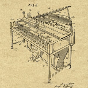 May include: A black and white line drawing of a piano with a microphone on top. The drawing is from a patent for a piano construction for sound amplification. The patent number is 2,530,251 and the date is November 14, 1950. The inventor is Louis Luberoff.