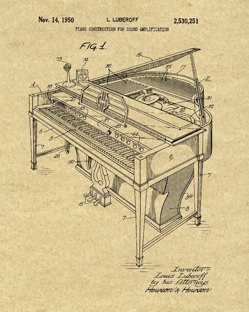 May include: A black and white line drawing of a piano with a microphone on top. The drawing is from a patent for a piano construction for sound amplification. The patent number is 2,530,251 and the date is November 14, 1950. The inventor is Louis Luberoff.