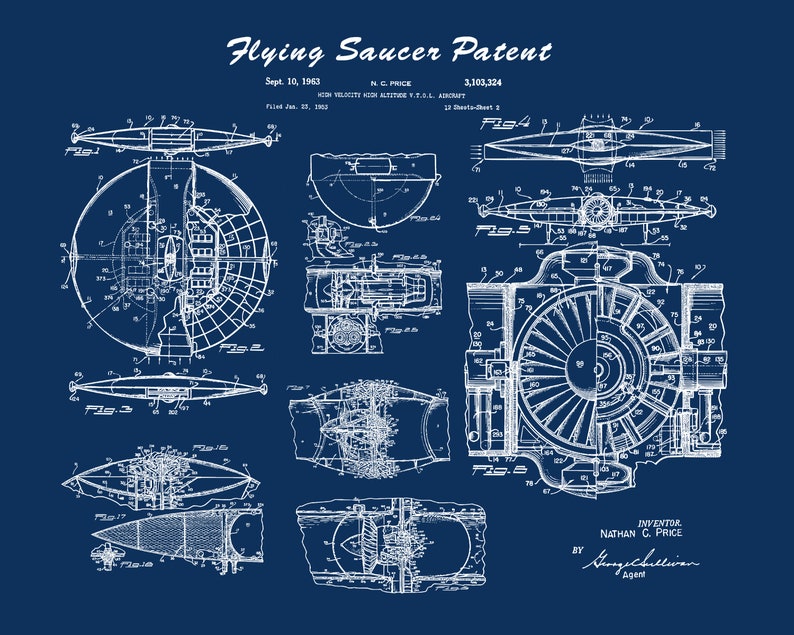 Flying Saucer Patent Prints Blueprint Poster Boys Room Wall Etsy