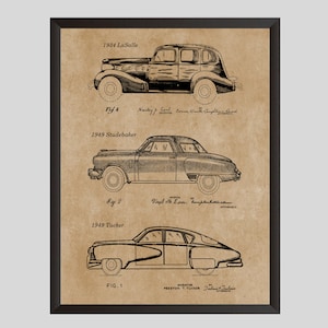 Könnte beinhalten: Eine Vintage-Patentzeichnung von drei klassischen Autos: einem 1934 LaSalle, einem 1949 Studebaker und einem 1949 Tucker. Die Zeichnung ist auf einem beigefarbenen Hintergrund mit schwarzer Tinte.