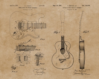 Guitarra acústica, trémolo de guitarra Fender, impresiones de patentes descargables, cartel de planos de guitarra, decoración de sala de música, regalo de músico, arte de guitarra