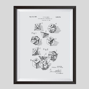 RPG Dice Set, Patent Print Poster, Dungeons and Dragons Downloadable Prints, Role Playing Die Set, Geeky Gift, Nerd Art, 20 Sided Dice