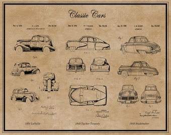 Classic Cars Group of Patents, Retro Cars Wall Art, Blueprint Poster, Car Enthusiast Gift, LaSalle, Tucker, Studebaker, Garage Decor
