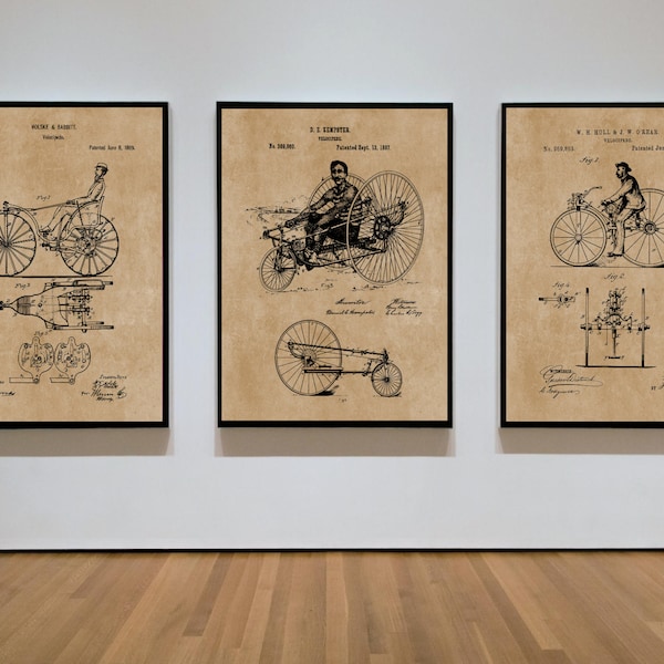 Set of 3 Bicycle Art Patent Prints, Velocipede 1880's, Vintage Bike Poster Group of Patents, Cyclist Gift