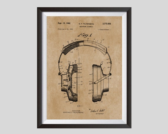 Stereo Headphones Patent Blueprint Art, HI-FI Poster