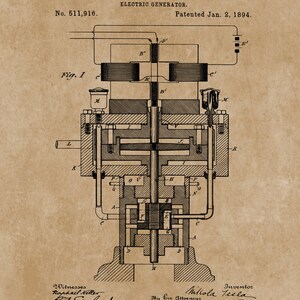 May include: A black and white line drawing of an electric generator, patent number 511,916, patented January 2, 1894, by Nikola Tesla. The drawing shows the internal workings of the generator, including a rotating armature, a stationary field magnet, and a set of brushes.