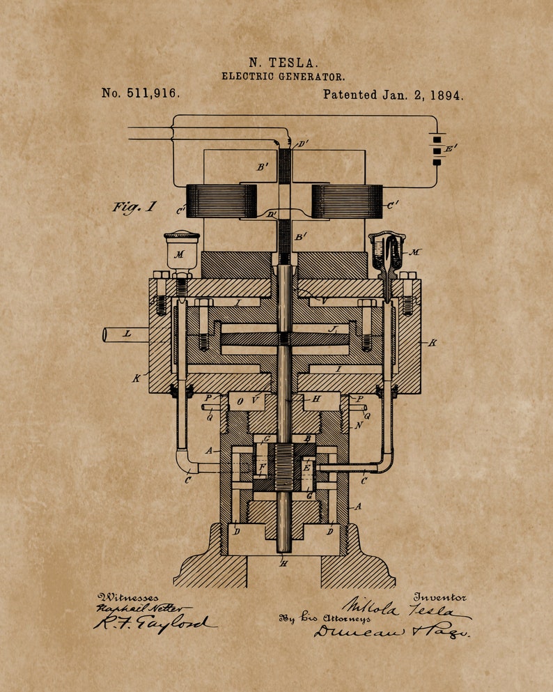 May include: A black and white line drawing of an electric generator, patent number 511,916, patented January 2, 1894, by Nikola Tesla. The drawing shows the internal workings of the generator, including a rotating armature, a stationary field magnet, and a set of brushes.