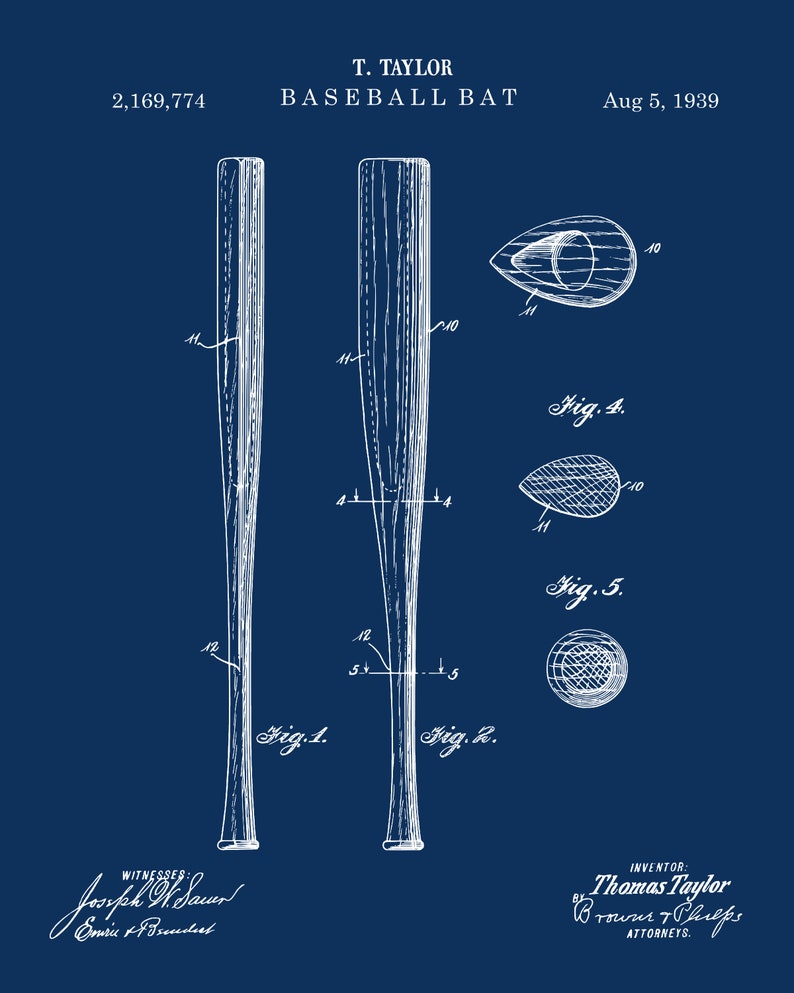Pu&ograve; includere: Un progetto vintage di una mazza da baseball, con diagrammi e annotazioni dettagliate. L'immagine presenta il testo "T. TAYLOR BASEBALL BAT" e la data "5 agosto 1939". Il design &egrave; in bianco su sfondo blu scuro.