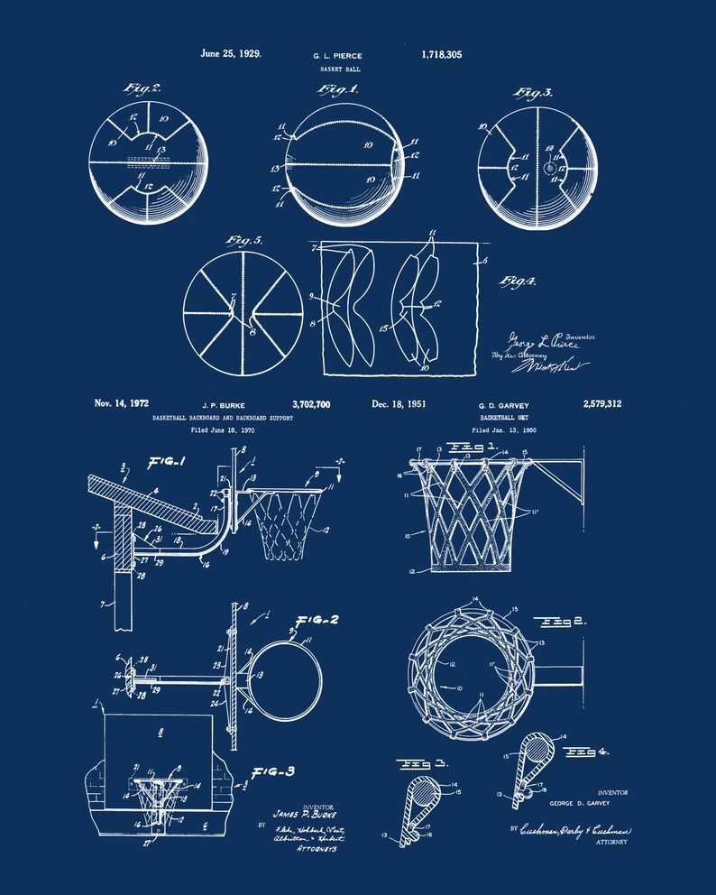 May include: A black and white blueprint of two basketball patent designs. The first patent is for a basketball from June 25, 1929, and the second patent is for a basketball backboard and support from November 14, 1972.