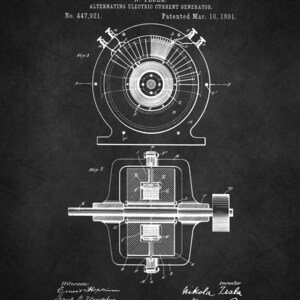 May include: Black and white line drawing of a patent for an alternating electric current generator, invented by Nikola Tesla. The patent number is 447,921 and the date is March 10, 1891. The drawing shows a detailed diagram of the generator.