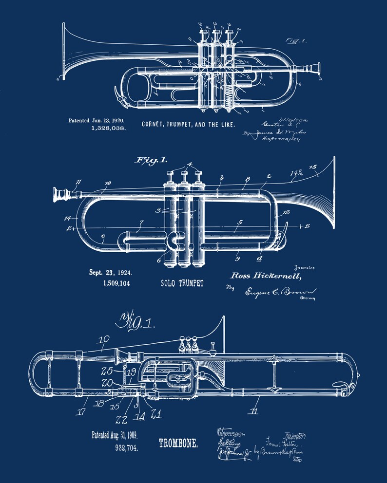 Jazz Wall Art Blueprint Poster Trumpet Trombone Etsy