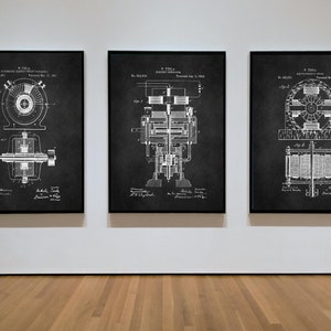 May include: Three black framed prints of vintage patent drawings for Nikola Tesla's electric motor designs. The drawings are in white on a dark gray background. The text on the prints includes the patent number, date, and Tesla's name.