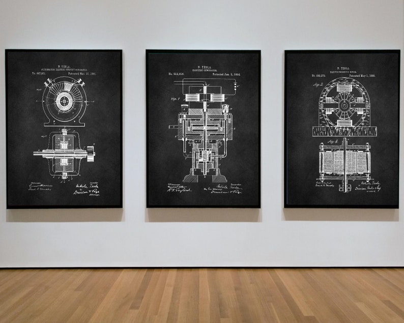 May include: Three black framed prints of vintage patent drawings for Nikola Tesla's electric motor designs. The drawings are in white on a dark gray background. The text on the prints includes the patent number, date, and Tesla's name.