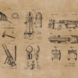 May include: A vintage black and white illustration of a fire engine patent drawing. The drawing shows a fire engine with a ladder, a fire hydrant, a fire axe, a fire helmet, and a fire alarm. The patent number is 122,507 and the date is 10 September 1940.