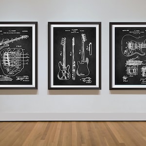 Juego de 3 impresiones de patentes de pósteres de guitarra, póster de planos de guitarra, grupo de patentes de arte mural musical, impresiones descargables, planos de guitarra