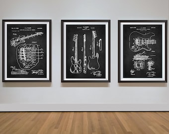 Guitar Poster Patent Prints Set of 3, Guitar Art Blueprint Poster, Music Wall Art Group of Patents, Downloadable Prints, Guitar Blueprint