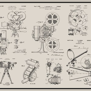 Peut inclure: Un dessin de brevet vintage en noir et blanc d'une cam&eacute;ra de cin&eacute;ma, d'un projecteur et d'autres &eacute;quipements de cin&eacute;ma. Le dessin comprend du texte et des &eacute;tiquettes pour chaque partie de l'&eacute;quipement. Les dates des brevets sont le 2 mars 1937, le 11 ao&ucirc;t 1906, le 20 avril 1906 et le 24 d&eacute;cembre 1906.