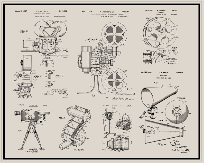 Peut inclure: Un dessin de brevet vintage en noir et blanc d'une cam&eacute;ra de cin&eacute;ma, d'un projecteur et d'autres &eacute;quipements de cin&eacute;ma. Le dessin comprend du texte et des &eacute;tiquettes pour chaque partie de l'&eacute;quipement. Les dates des brevets sont le 2 mars 1937, le 11 ao&ucirc;t 1906, le 20 avril 1906 et le 24 d&eacute;cembre 1906.