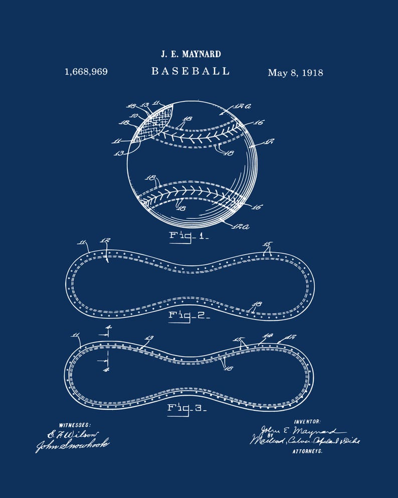 Pu&ograve; includere: Illustrazione di brevetto di baseball vintage su sfondo blu navy. Il diagramma include un disegno dettagliato di una palla da baseball, insieme a sezioni trasversali e modelli di cucitura. Il testo include il nome dell'inventore, il numero di brevetto e la data.