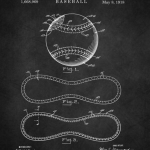 Pu&ograve; includere: Illustrazione di brevetto di baseball vintage in bianco su sfondo scuro. L'immagine include un diagramma dettagliato di una palla da baseball e dei componenti correlati, insieme al testo che indica l'inventore, la data e il numero di brevetto. Il testo recita "J. E. Maynard Baseball May 8, 1918".
