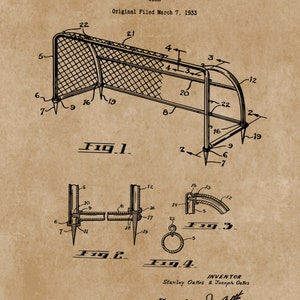 May include: A black and white line drawing of a goal for a sport like football or soccer. The drawing shows the goal from a side view with the net and the posts. The drawing is labelled with numbers and the text "Fig. 1".