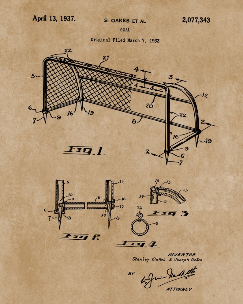 May include: A black and white line drawing of a goal for a sport like football or soccer. The drawing shows the goal from a side view with the net and the posts. The drawing is labelled with numbers and the text "Fig. 1".