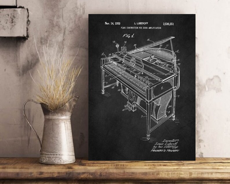 May include: Black and white patent drawing of a piano with the text "Piano Construction for Sound Amplification" and "Nov. 14, 1950 L LUBEROFF 2,530,251" at the top. The drawing shows a detailed view of the piano's internal mechanisms.