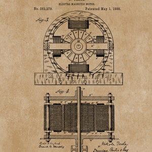 May include: Black and white line drawing of a patent for an electro magnetic motor, invented by Nikola Tesla. The patent number is 382,279 and the date is May 1, 1888. The drawing shows a detailed diagram of the motor.