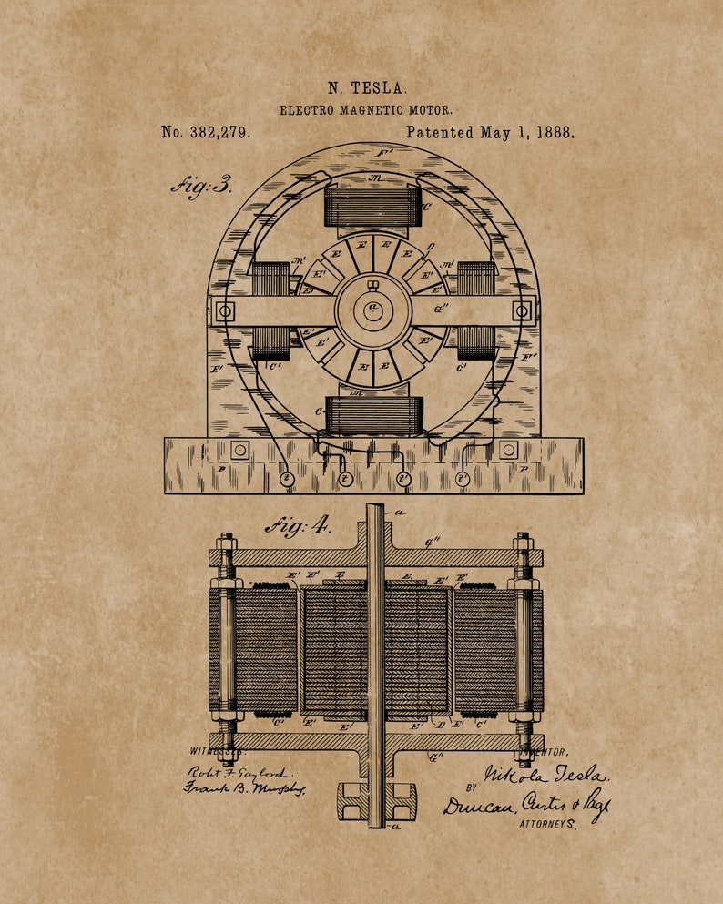 May include: Black and white line drawing of a patent for an electro magnetic motor, invented by Nikola Tesla. The patent number is 382,279 and the date is May 1, 1888. The drawing shows a detailed diagram of the motor.