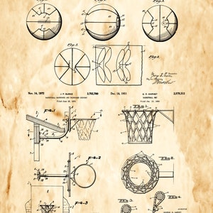 May include: A vintage black and white patent drawing of a basketball hoop and ball. The drawing shows different angles of the hoop and ball, including a close-up of the net. The patent drawing is dated June 25, 1929, and is titled "Basket Ball".